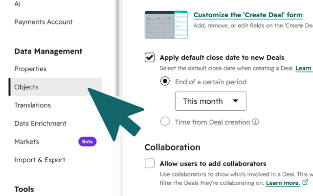 HubSpot settings sidebar with Objects under Data Management highlighted