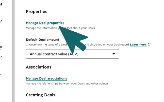 HubSpot Objects page with Manage Deal properties under Properties highlighted