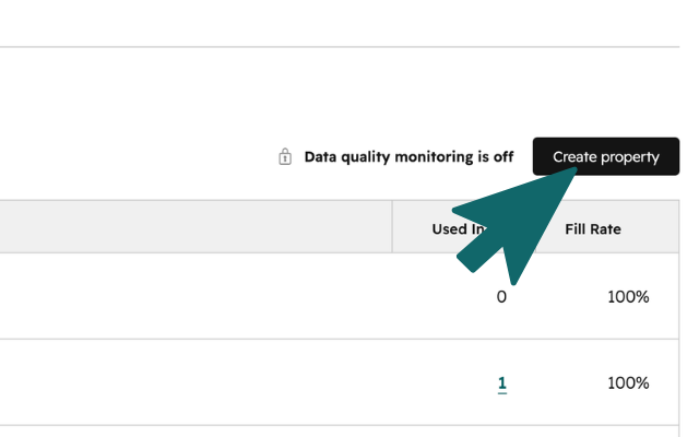 HubSpot Deal properties page with Create property button highlighted