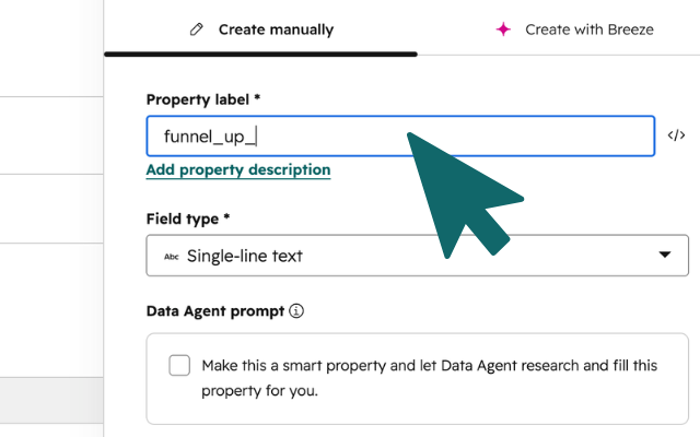 HubSpot Create property panel with funnel_up_emoji entered as the property label