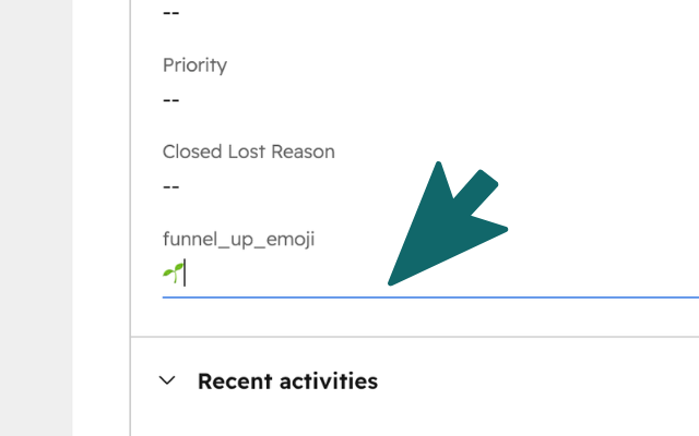 HubSpot deal record with an emoji added to the funnel_up_emoji property