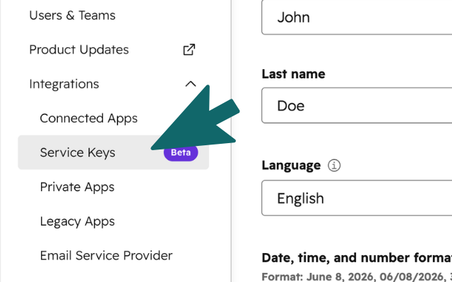 HubSpot sidebar with Service Keys under Integrations