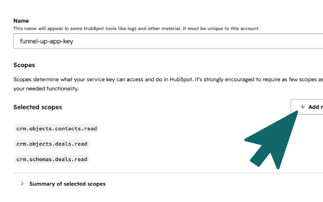 HubSpot service key form with name and scope settings
