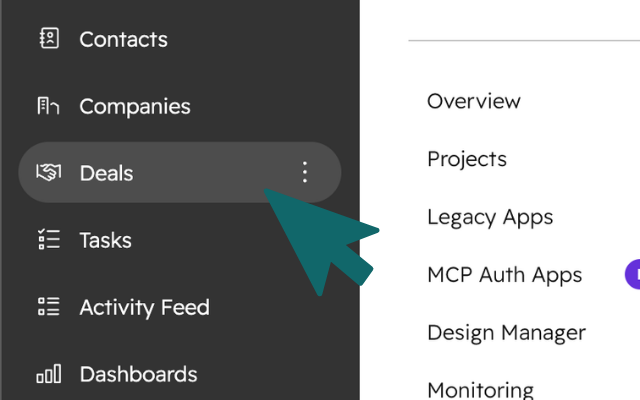 HubSpot left menu with the Deals page
