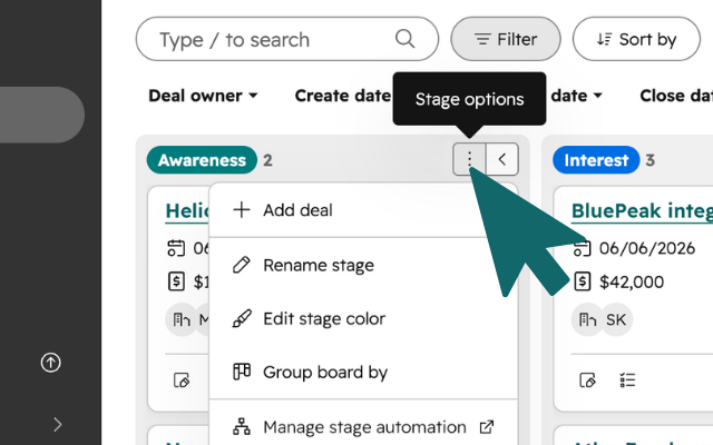 HubSpot deal board column menu for renaming stages